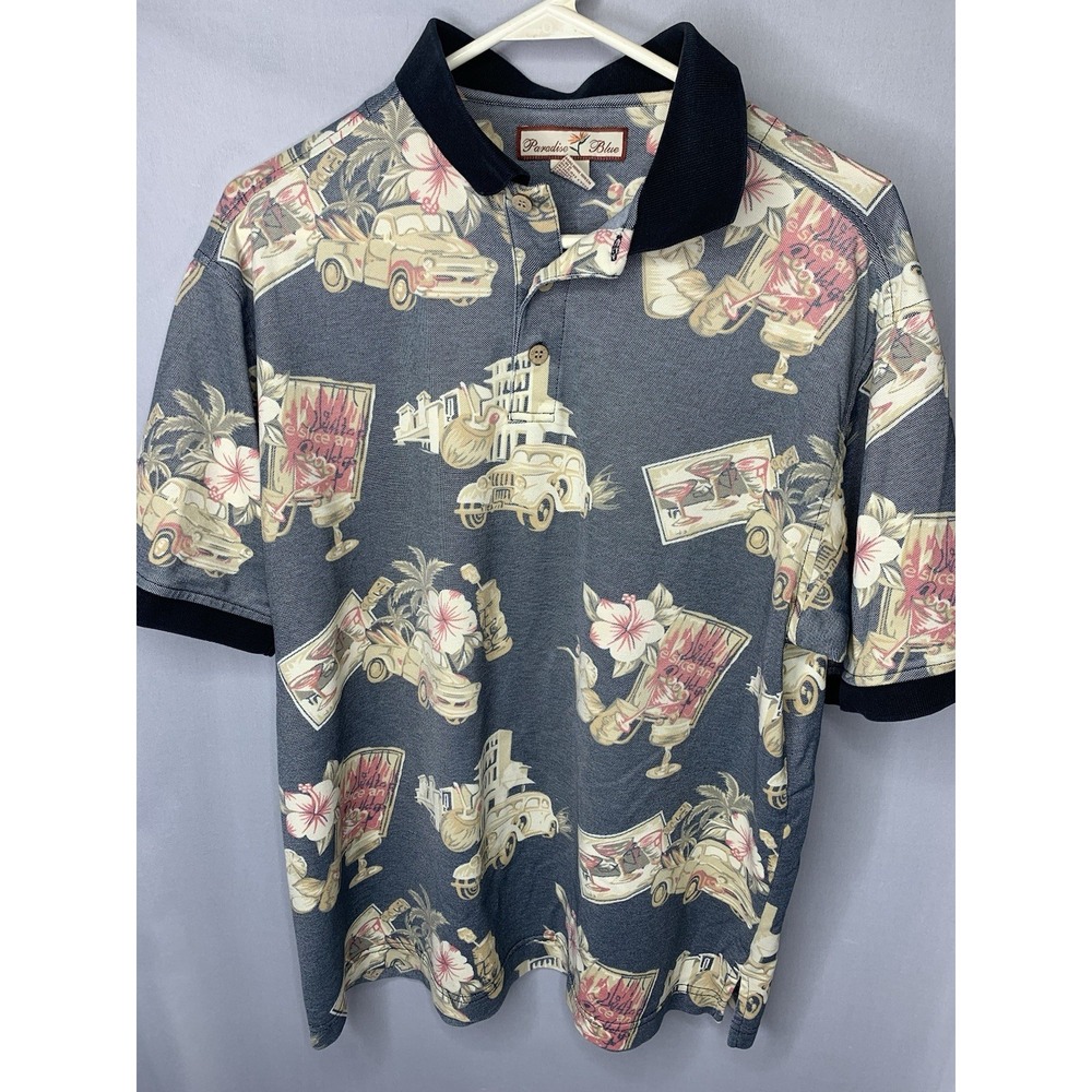 Mens‎ M Paradise Blue Truck Floral Hawaiian Polo Unique Shirt